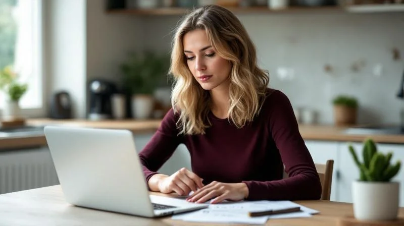 Frau liest Foerderunterlagen und macht Notizen an einem Schreibtisch