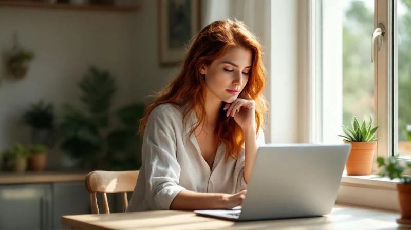 Frau sitzt in einer hellen Freiburger Wohnung am Laptop und informiert sich ueber Weiterbildung