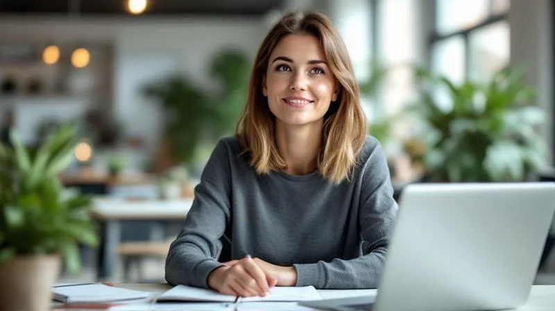 Frau sitzt in einem hellen Buero in Freiburg und plant ihre berufliche Weiterbildung