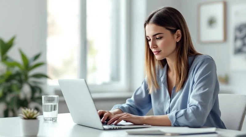 Frau arbeitet konzentriert am Laptop in einem modernen Buero in Freiburg
