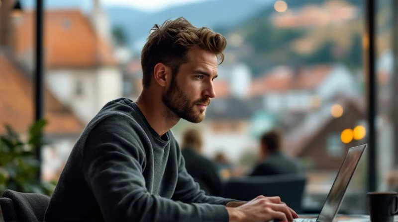 Freiburger Angestellter im Coworking-Space in der Wiehre mit Laptop, im Hintergrund Schwarzwald-Vorland und Altstadt