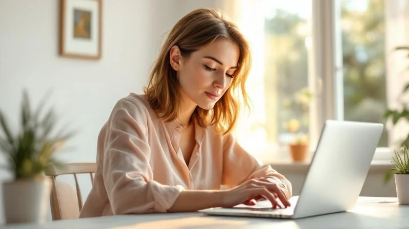 Frau arbeitet mit Laptop an einem sonnigen Schreibtisch in Freiburg