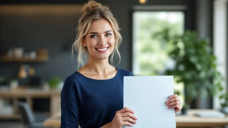 Frau haelt IHK-Zeugnis in den Haenden und laechelt in einem hellen Buero in Freiburg
