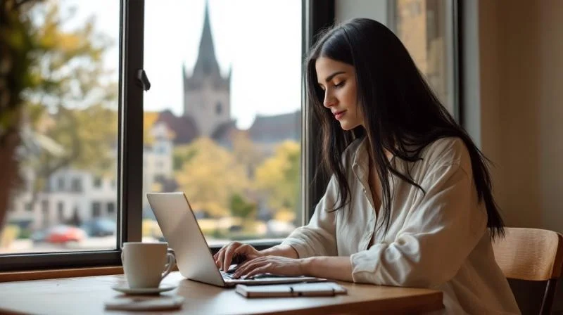 Quereinsteigerin lernt am Laptop in einem Freiburger Café mit Blick auf den Münsterturm