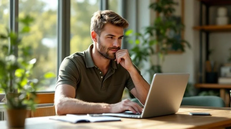 Mann blickt nachdenklich auf seinen Laptop in einem hellen Raum in Freiburg