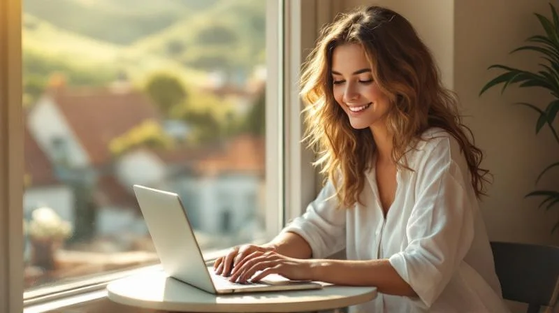 Frau arbeitet am Laptop in einem hellen Raum mit Blick auf Freiburg