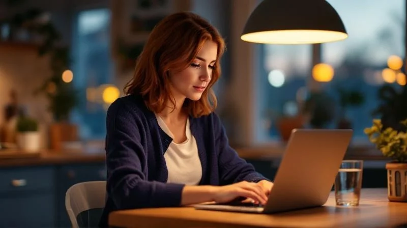 Frau lernt abends am Laptop fuer den Wirtschaftsfachwirt in Freiburg